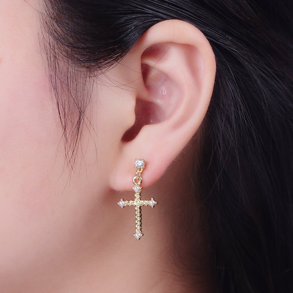 Gold Cross Stud Earring Dangle Cross Earring Charm for Religious Women Jewelry P-277