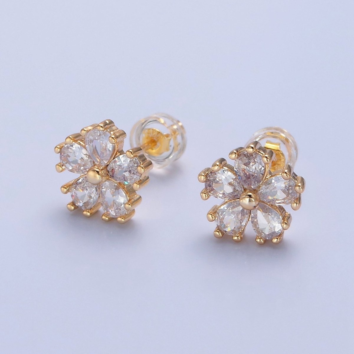 14K Gold Filled 10mm Clear CZ Teardrop Daisy Flower Stud Earrings | T463