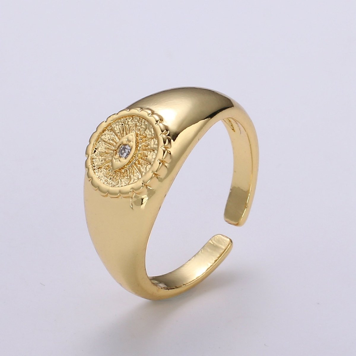 Gold Evil Eye Ring, Sun Burst Evil Eye Charm, Solitaire Clear Cubic Charms, CZ Gold Evil Eye Charm, Sun Burst Jewelry Supply R322