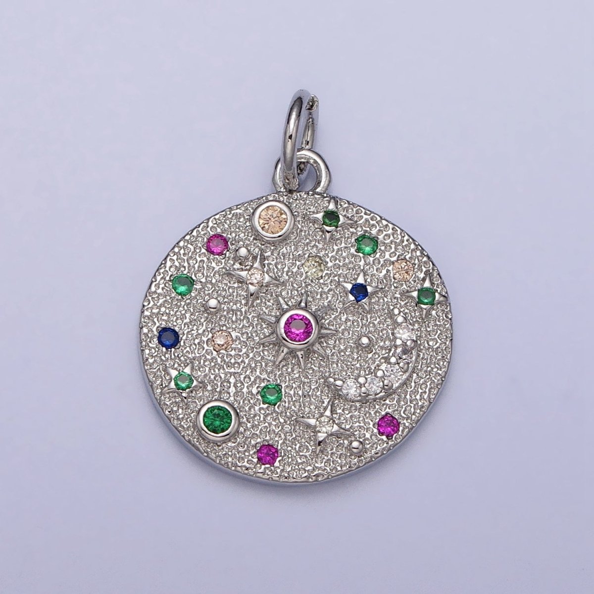 Gold Filled Celestial CZ Crescent Moon Star Sun Dotted Hammered Coin Charm in Gold & Silver | AC256 AC257