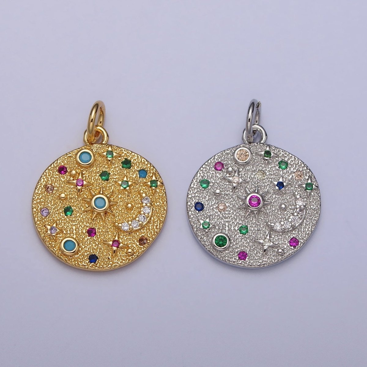 Gold Filled Celestial CZ Crescent Moon Star Sun Dotted Hammered Coin Charm in Gold & Silver | AC256 AC257