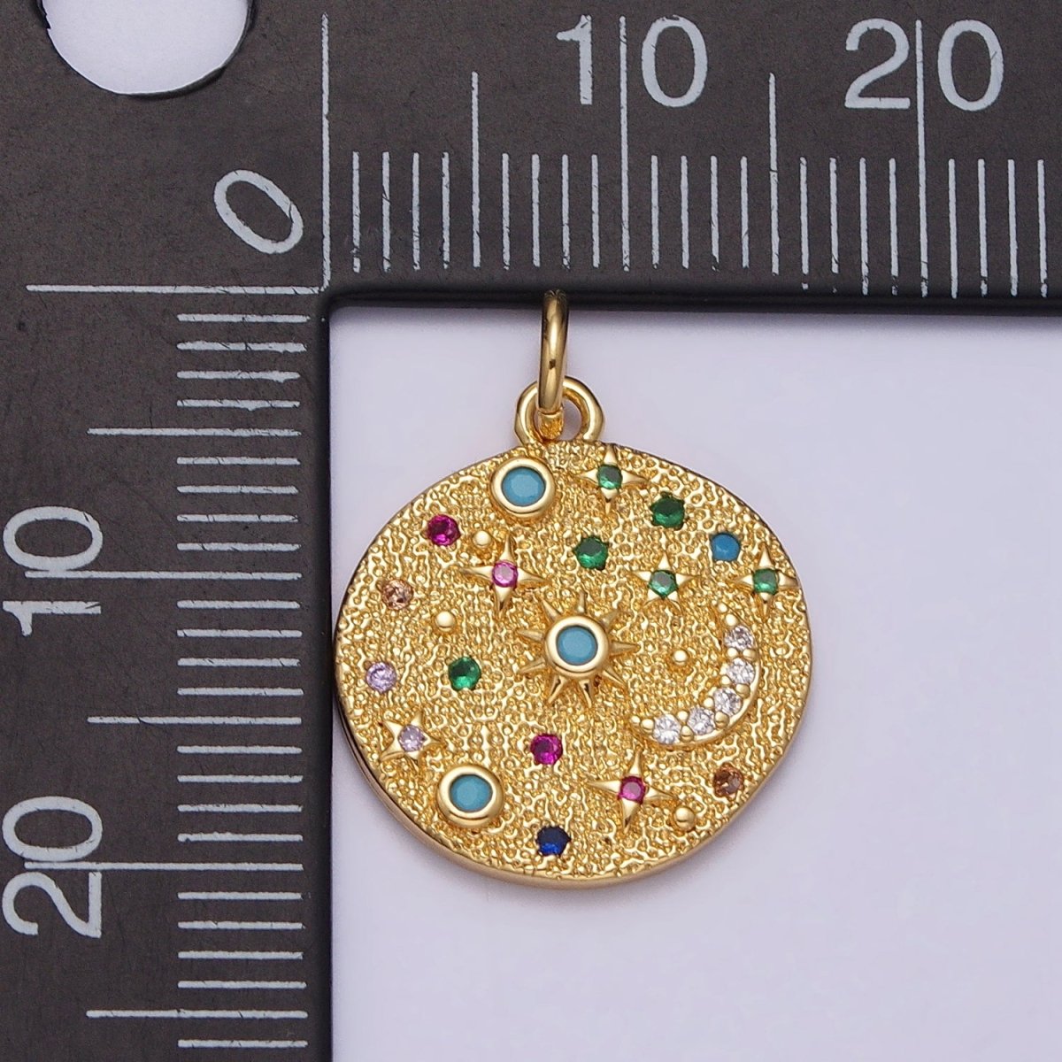 Gold Filled Celestial CZ Crescent Moon Star Sun Dotted Hammered Coin Charm in Gold & Silver | AC256 AC257