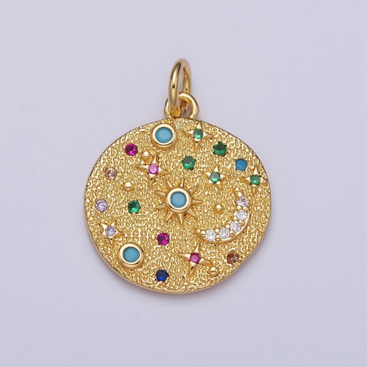 Gold Filled Celestial CZ Crescent Moon Star Sun Dotted Hammered Coin Charm in Gold & Silver | AC256 AC257