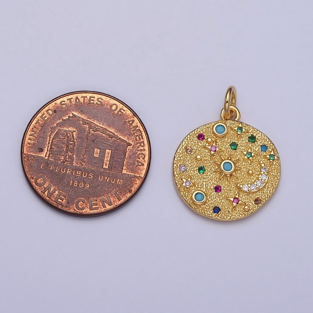 Gold Filled Celestial CZ Crescent Moon Star Sun Dotted Hammered Coin Charm in Gold & Silver | AC256 AC257