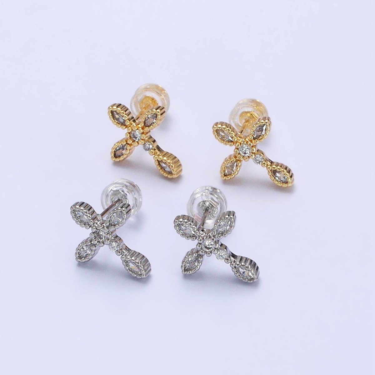 Gold Filled Marquise CZ Religious Cross Stud Earrings in Silver & Gold |AB559