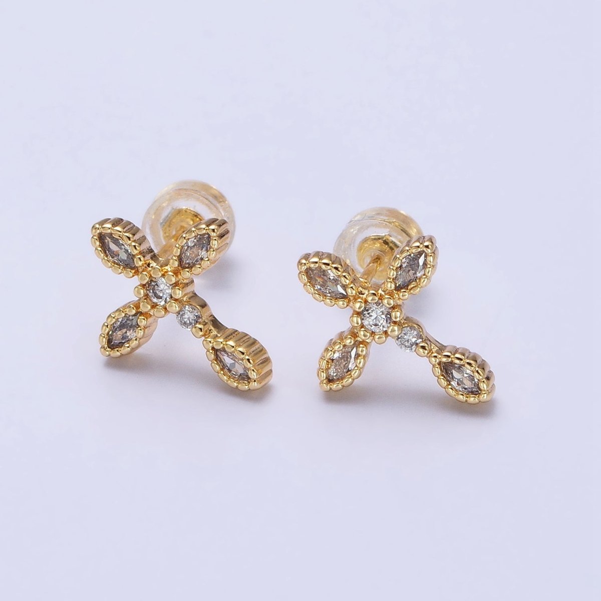 Gold Filled Marquise CZ Religious Cross Stud Earrings in Silver & Gold |AB559
