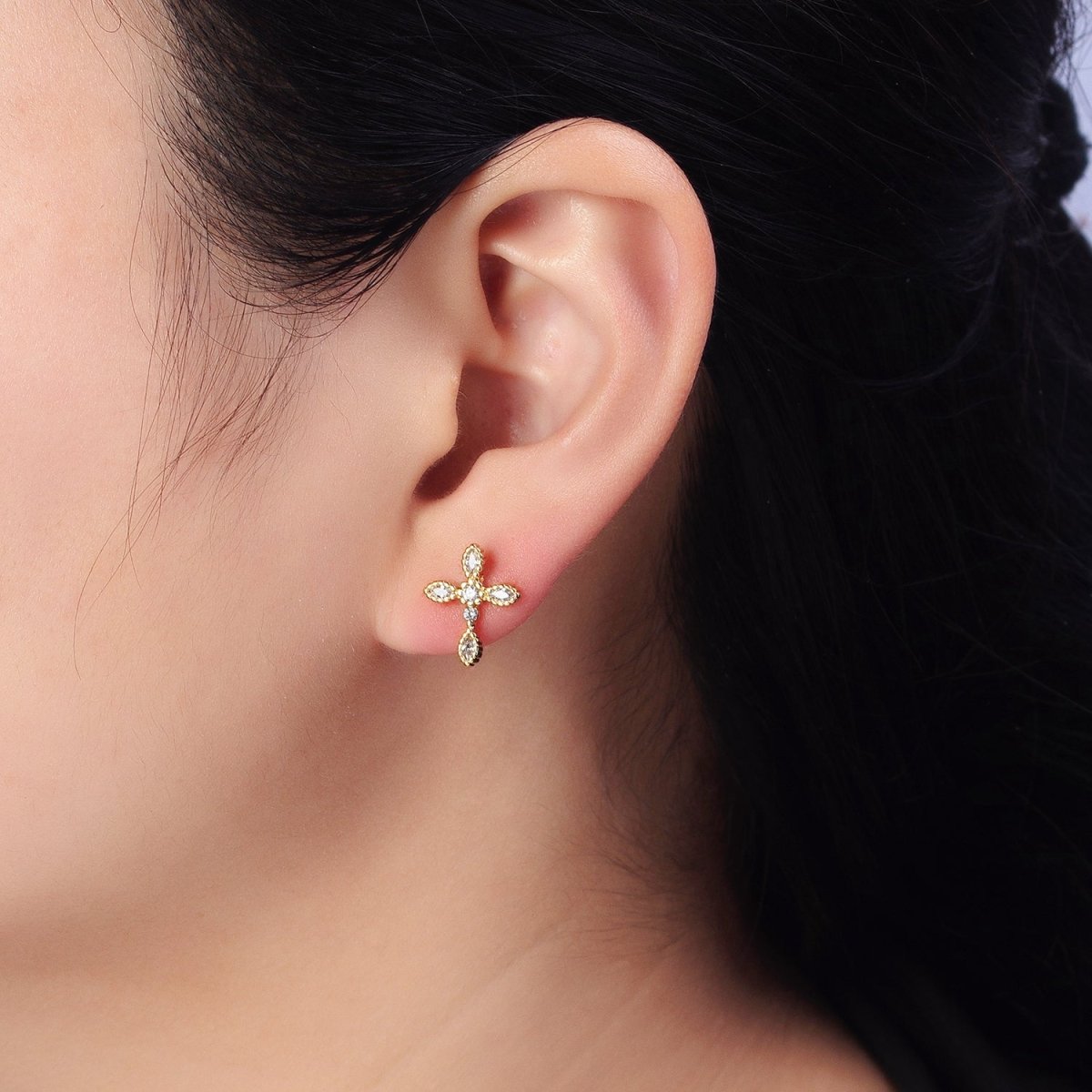Gold Filled Marquise CZ Religious Cross Stud Earrings in Silver & Gold |AB559