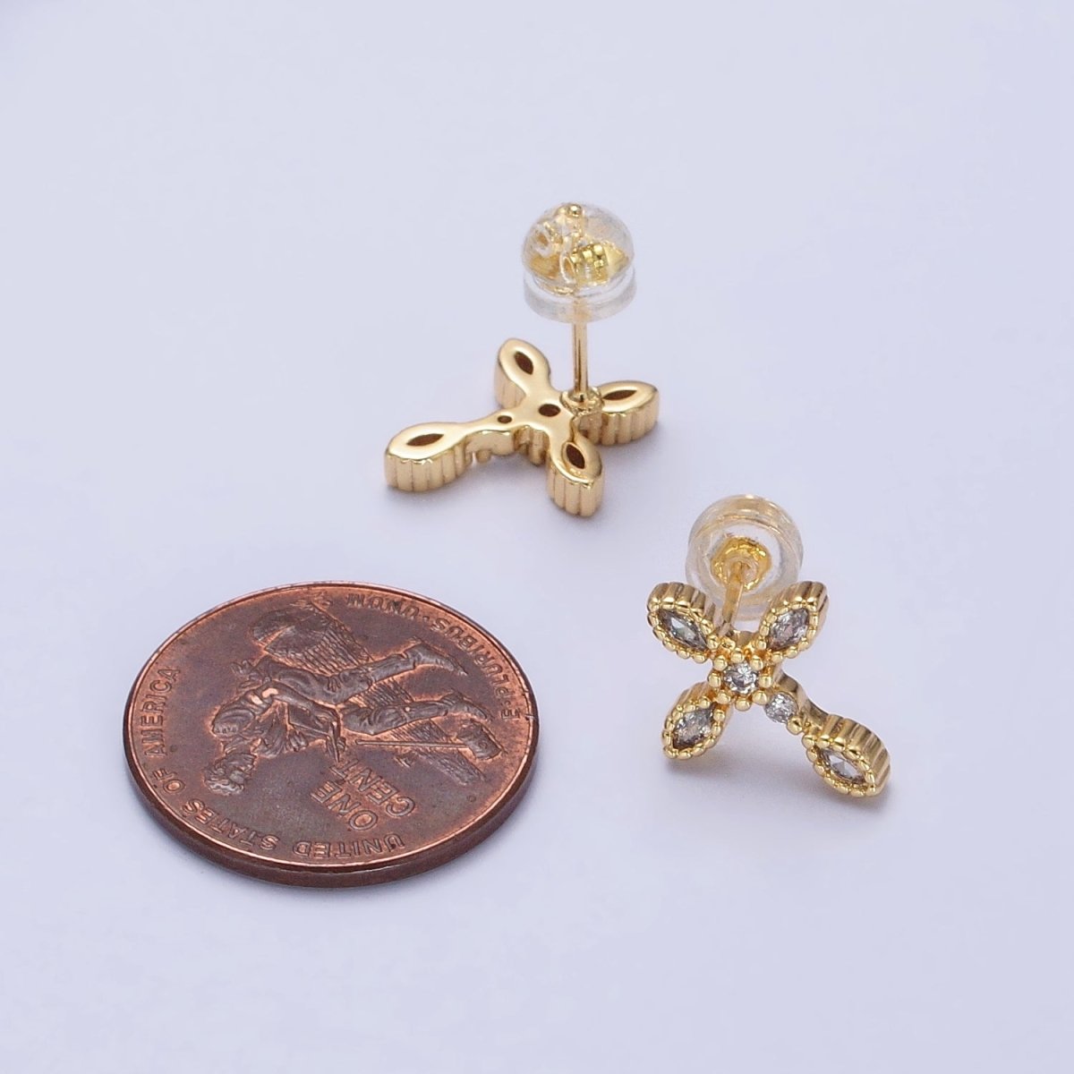 Gold Filled Marquise CZ Religious Cross Stud Earrings in Silver & Gold |AB559
