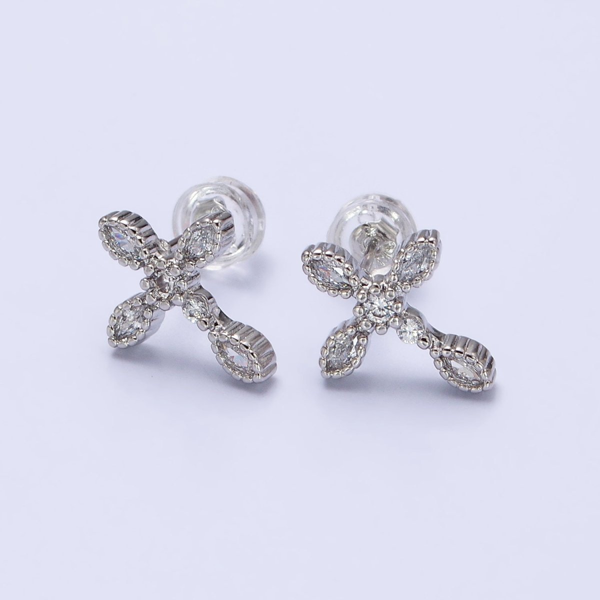 Gold Filled Marquise CZ Religious Cross Stud Earrings in Silver & Gold |AB559