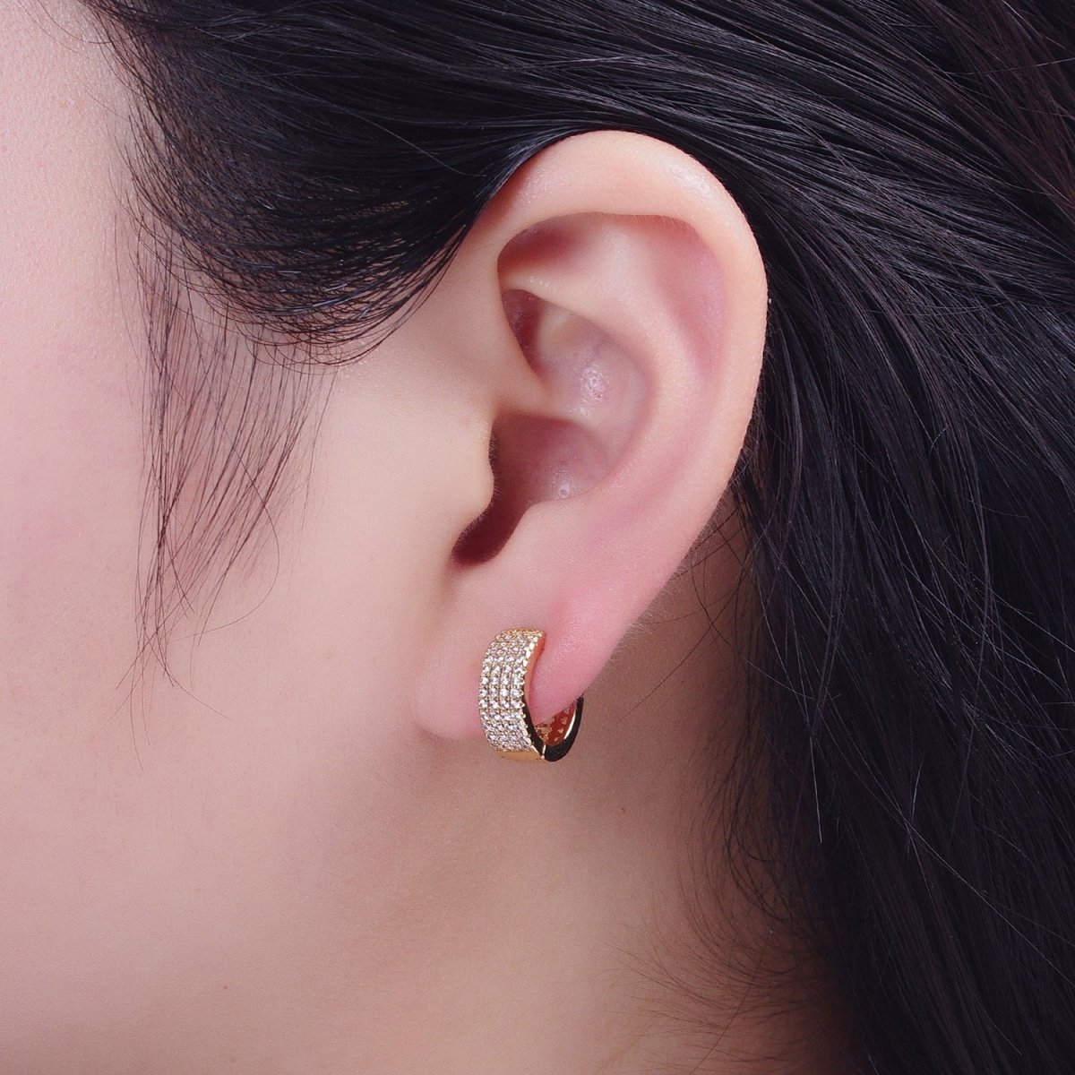 Gold Filled Micro Pave Cubic Zirconia14mm Thick Huggie Hoop Earrings T-030