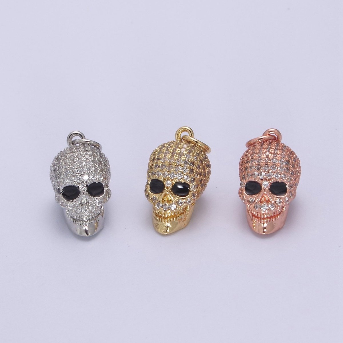 Gold Filled Micro Paved Clear CZ 3D Black Eyed Skull Skeleton Charm in Gold, Silver, Rose Gold N-824 N-825 N-826