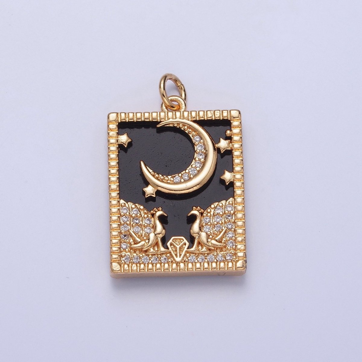 Gold Filled Micro Paved CZ Peacock at Starry Night Obsidian, Turquoise, Pearl, Abalone Celestial Tag Charm | X-135 - X-138