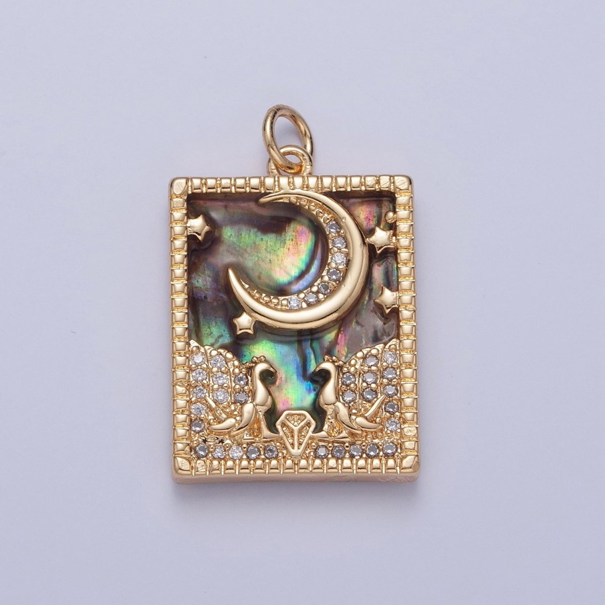 Gold Filled Micro Paved CZ Peacock at Starry Night Obsidian, Turquoise, Pearl, Abalone Celestial Tag Charm | X-135 - X-138