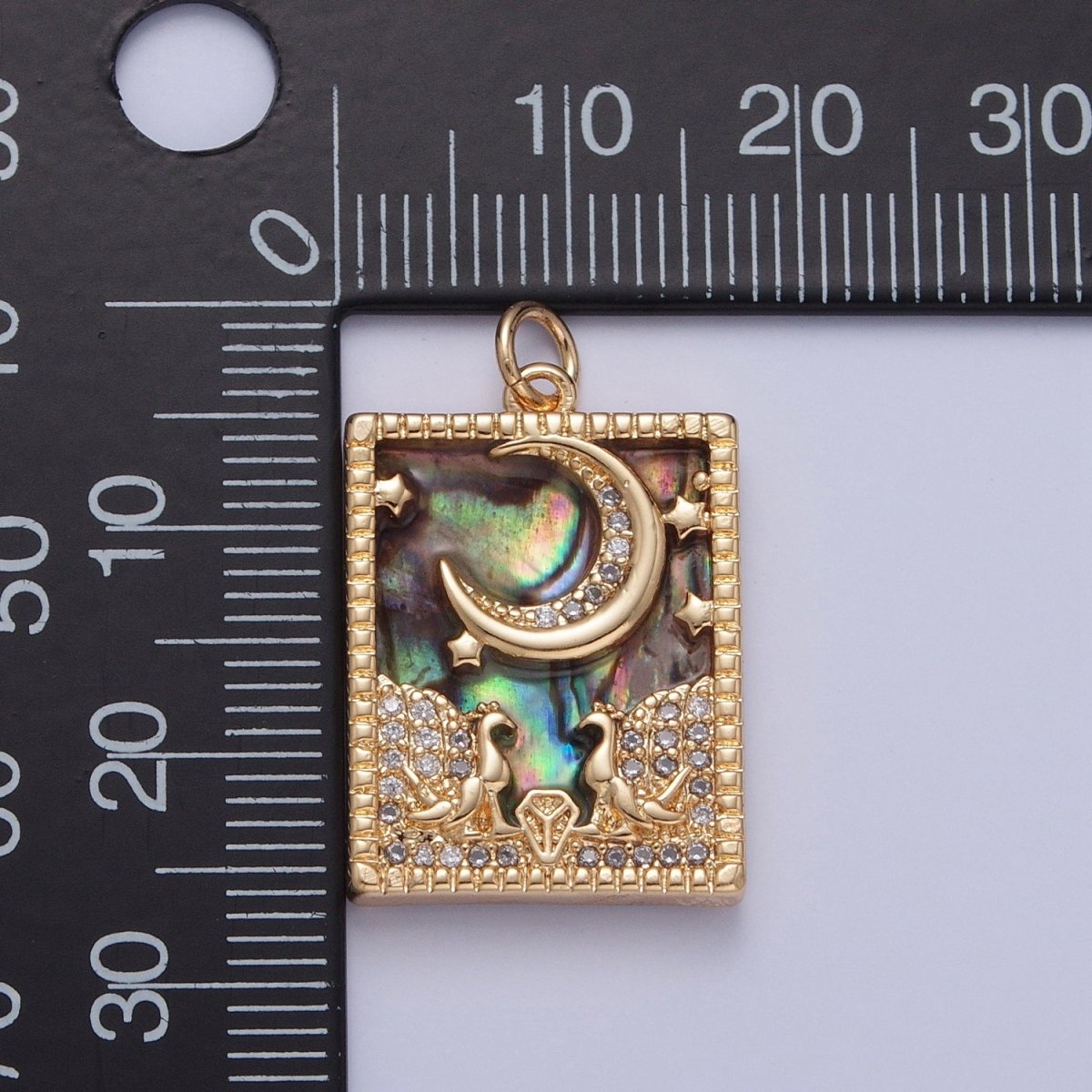 Gold Filled Micro Paved CZ Peacock at Starry Night Obsidian, Turquoise, Pearl, Abalone Celestial Tag Charm | X-135 - X-138