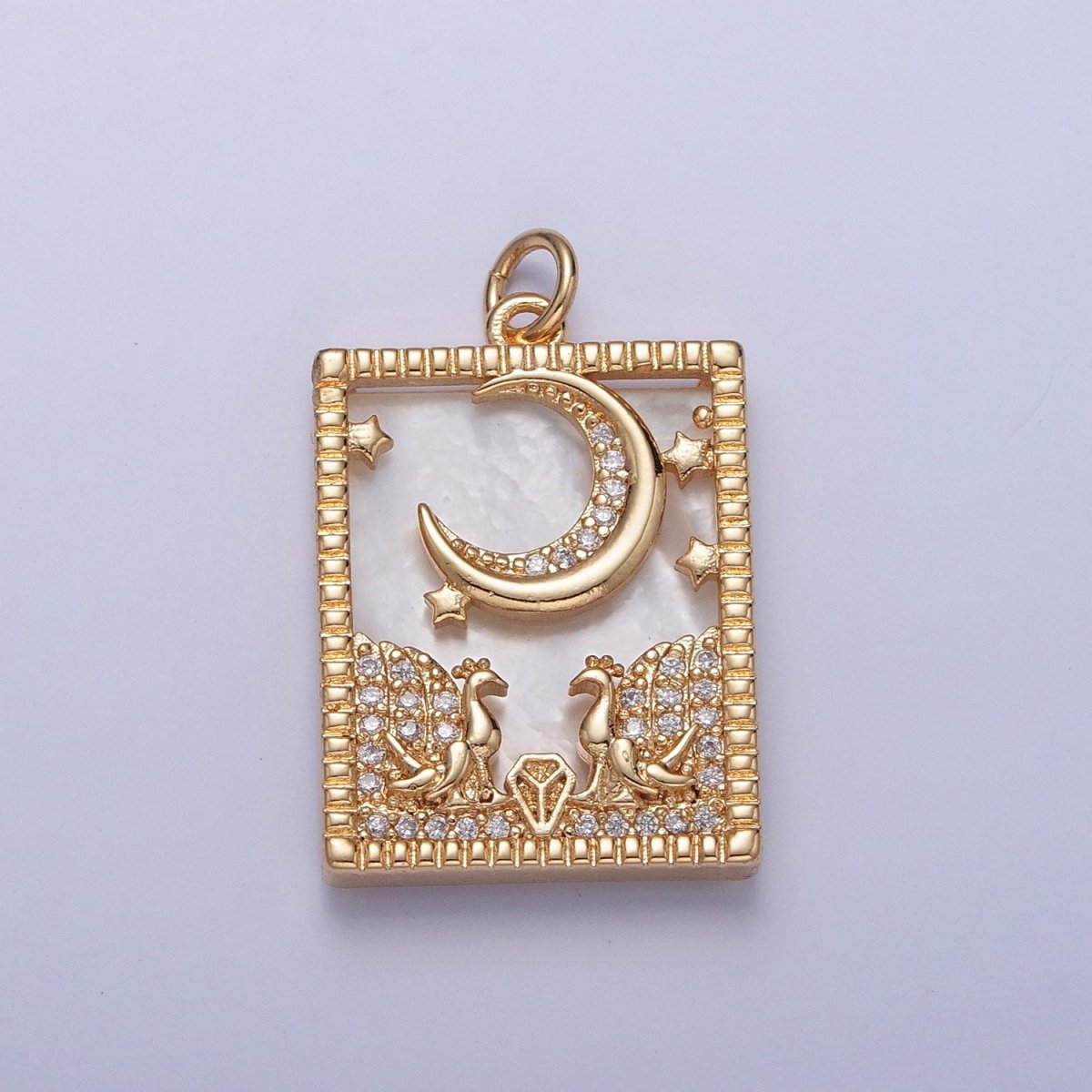 Gold Filled Micro Paved CZ Peacock at Starry Night Obsidian, Turquoise, Pearl, Abalone Celestial Tag Charm | X-135 - X-138