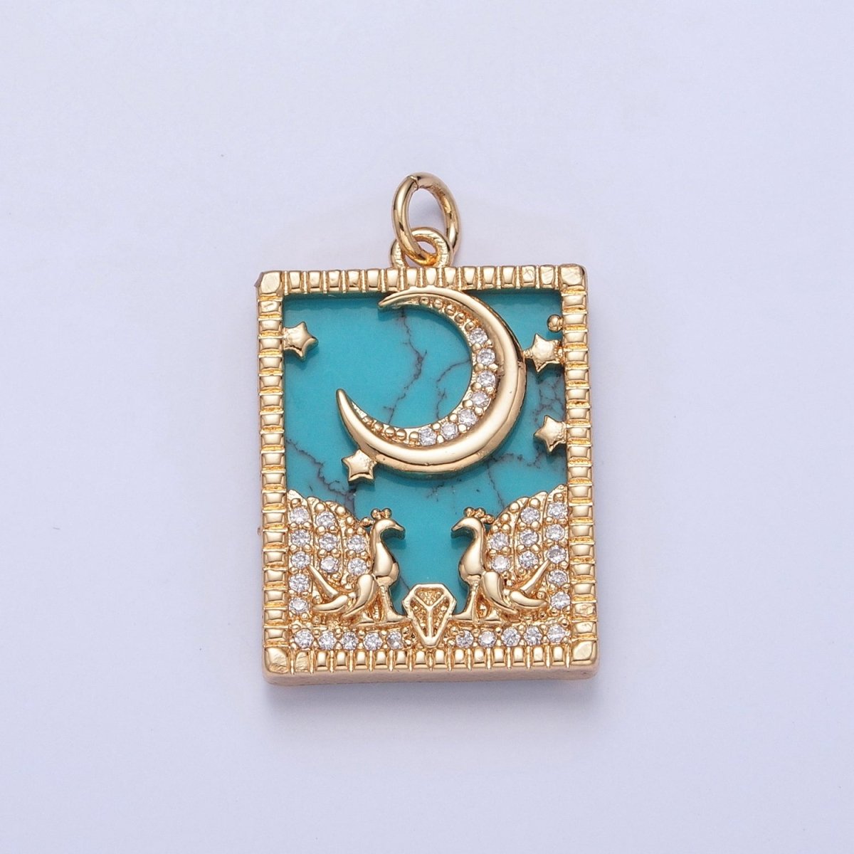 Gold Filled Micro Paved CZ Peacock at Starry Night Obsidian, Turquoise, Pearl, Abalone Celestial Tag Charm | X-135 - X-138