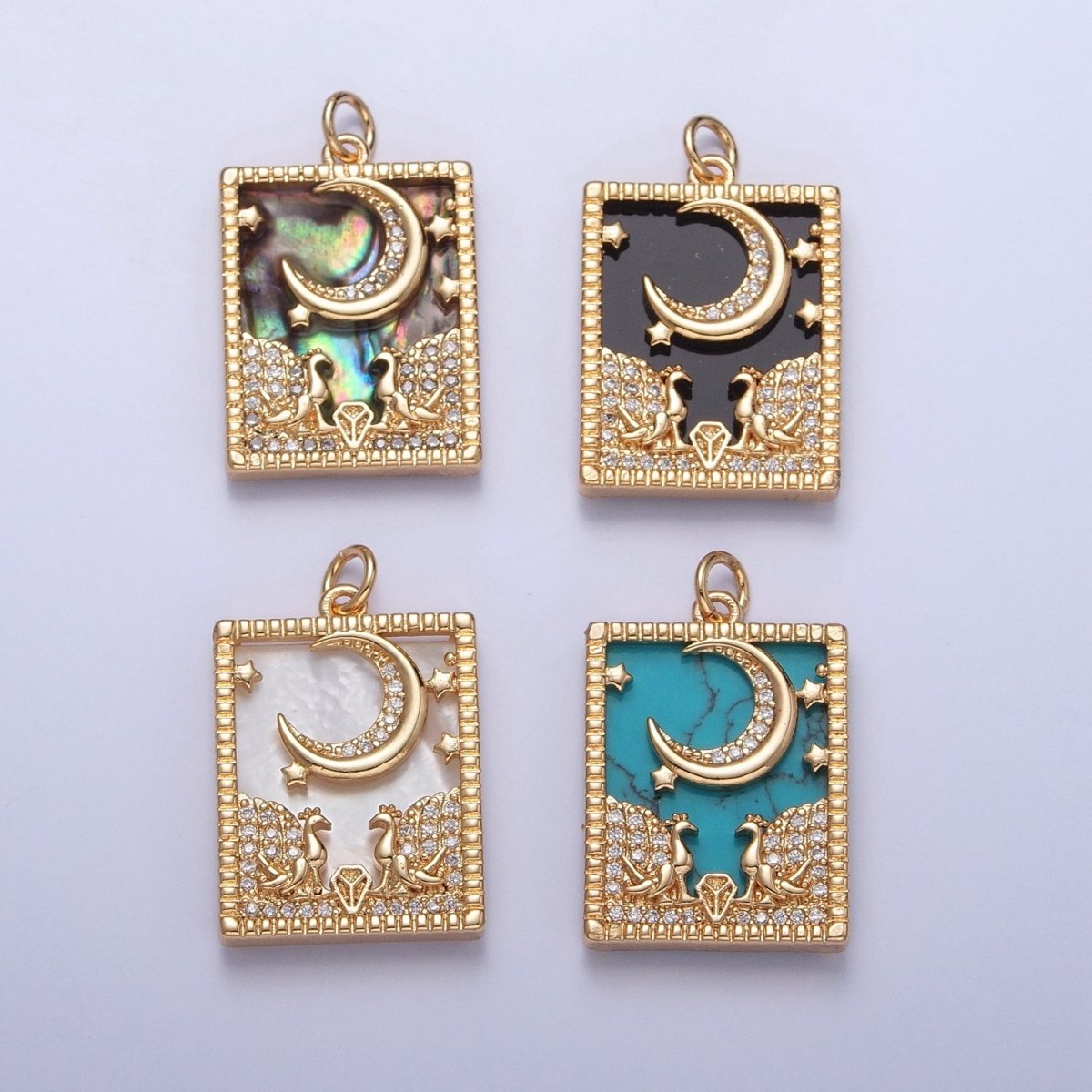 Gold Filled Micro Paved CZ Peacock at Starry Night Obsidian, Turquoise, Pearl, Abalone Celestial Tag Charm | X-135 - X-138