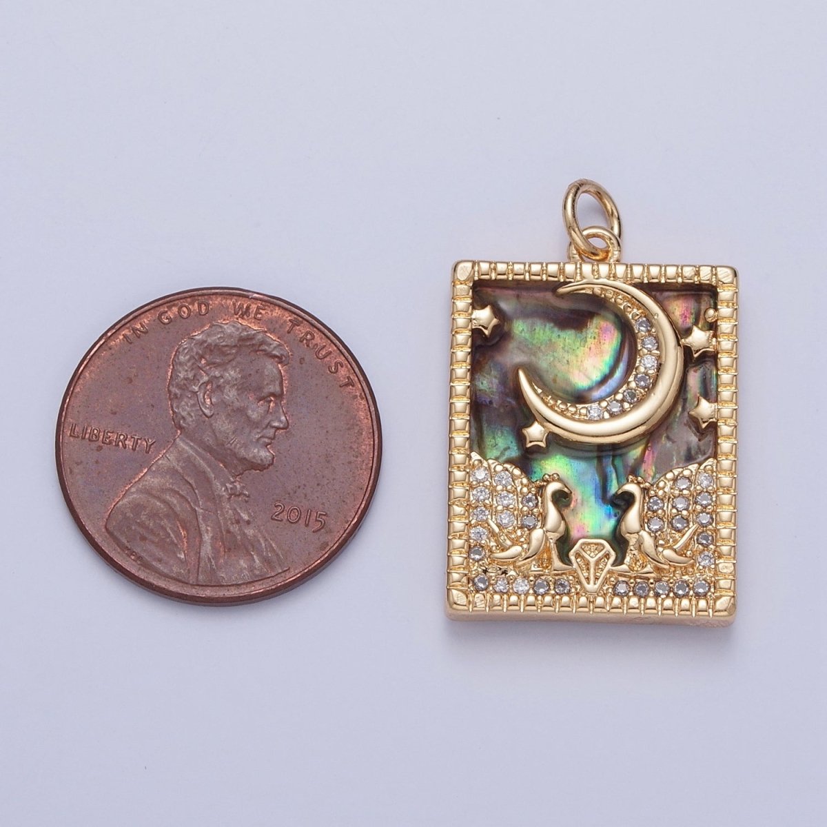 Gold Filled Micro Paved CZ Peacock at Starry Night Obsidian, Turquoise, Pearl, Abalone Celestial Tag Charm | X-135 - X-138