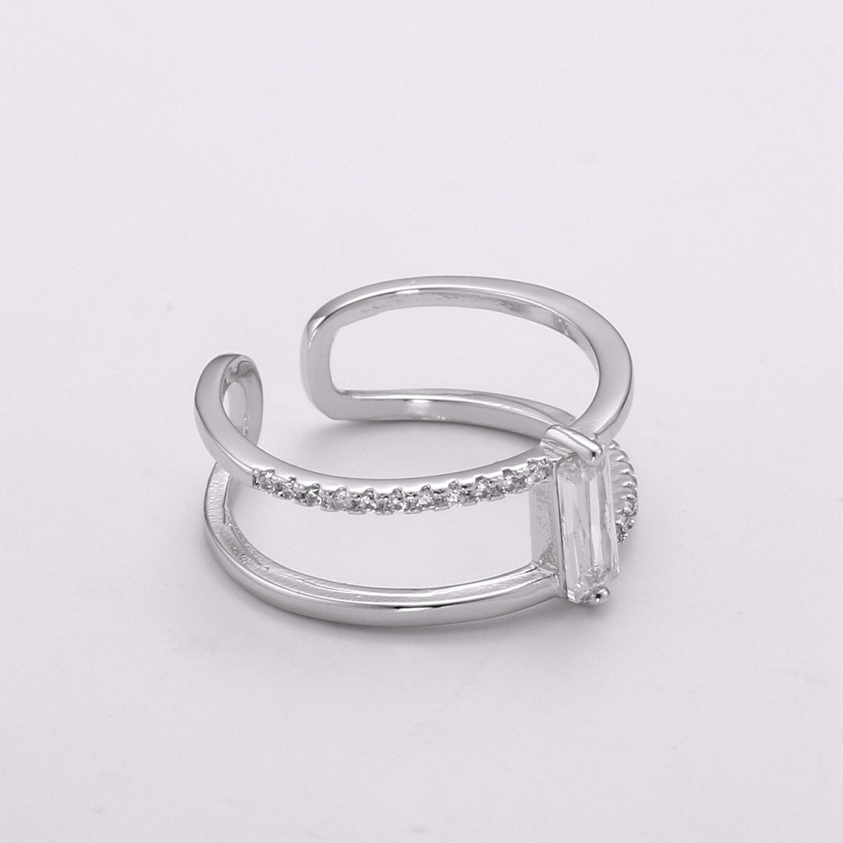 Gold Filled Minimalist Double Band Baguette Micro Paved Cubic Zirconia Dainty Gold Stacking Ring | O-015 O-016