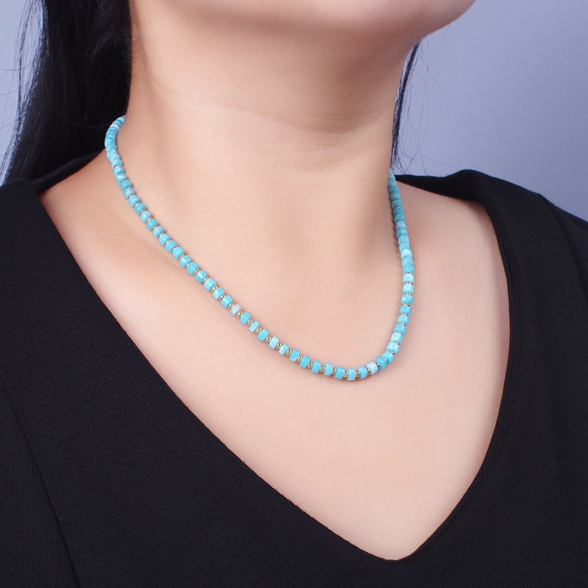 Gold Filled Peruvian Blue Opal Rondelle Heishi Gemstone Gold Spacer Beads 15.5 Inch Choker Necklace | WA-1428 Clearance Pricing