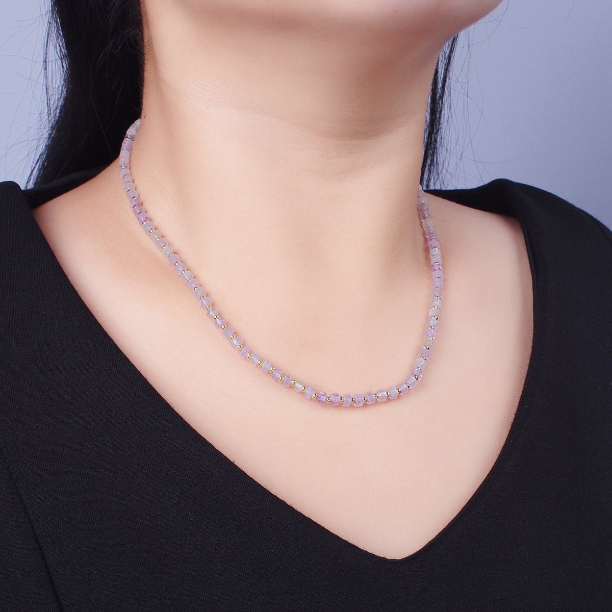 Gold Filled Purple Amethyst Rondelle Heishi Gemstone Gold Spacer Beads 15.5 Inch Choker Necklace | WA-1429 Clearance Pricing