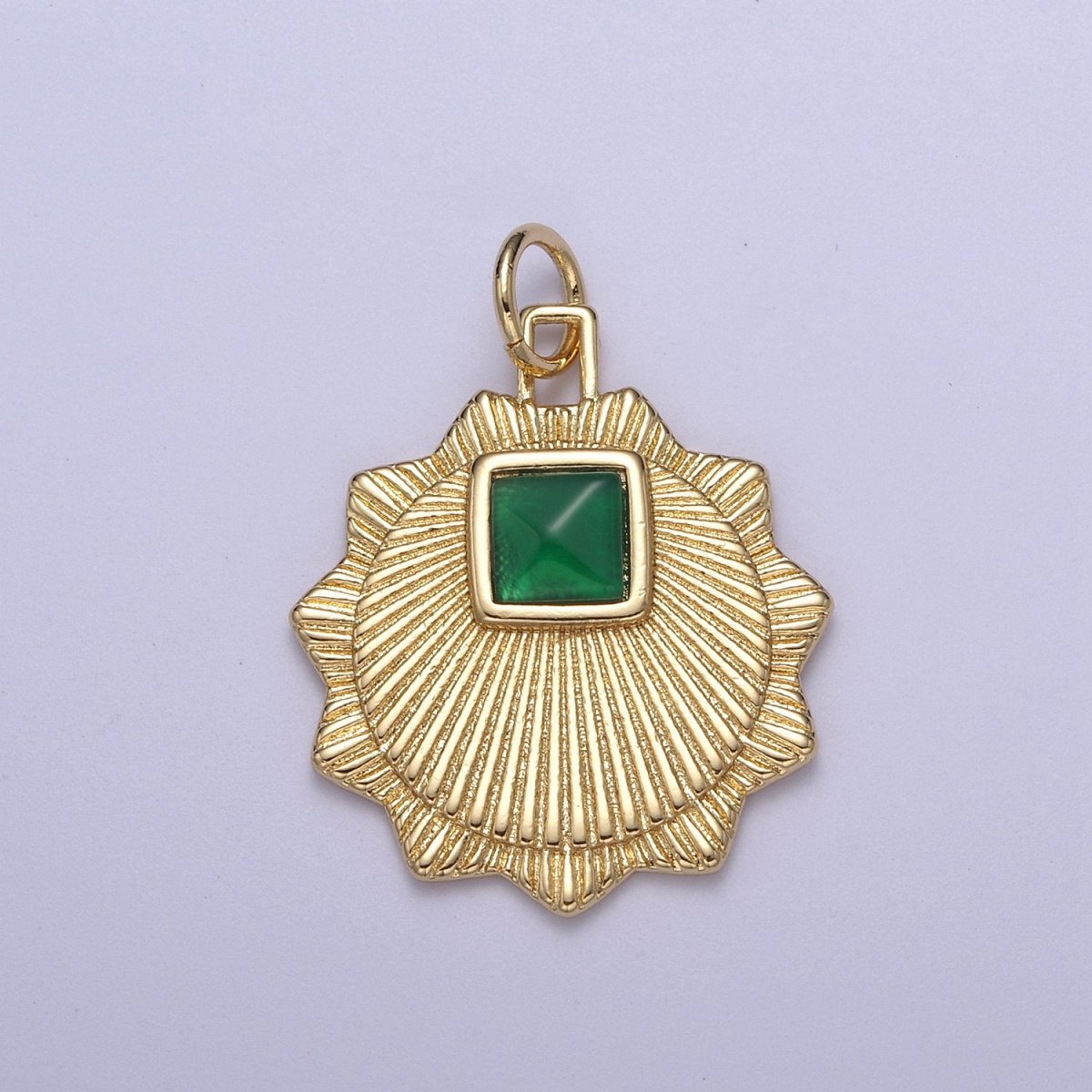 Gold Filled Radial Sun Charm Necklace, Emerald Green Sunburst Gold Celestial Pendant, Dainty Medallion Necklace Supply N-396