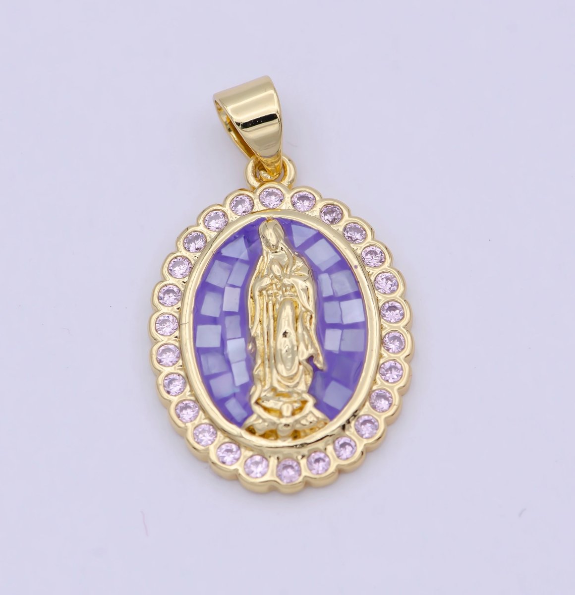 Gold Filled Shell Opal Miraculous Lady Guadalupe, Pink CZ Outline Virgin Mary Religious Oval Pendant in Gold & Silver H-057 H-059 H-172 I-778 N-583 N-584 N-621 X-479 X-480 X-481