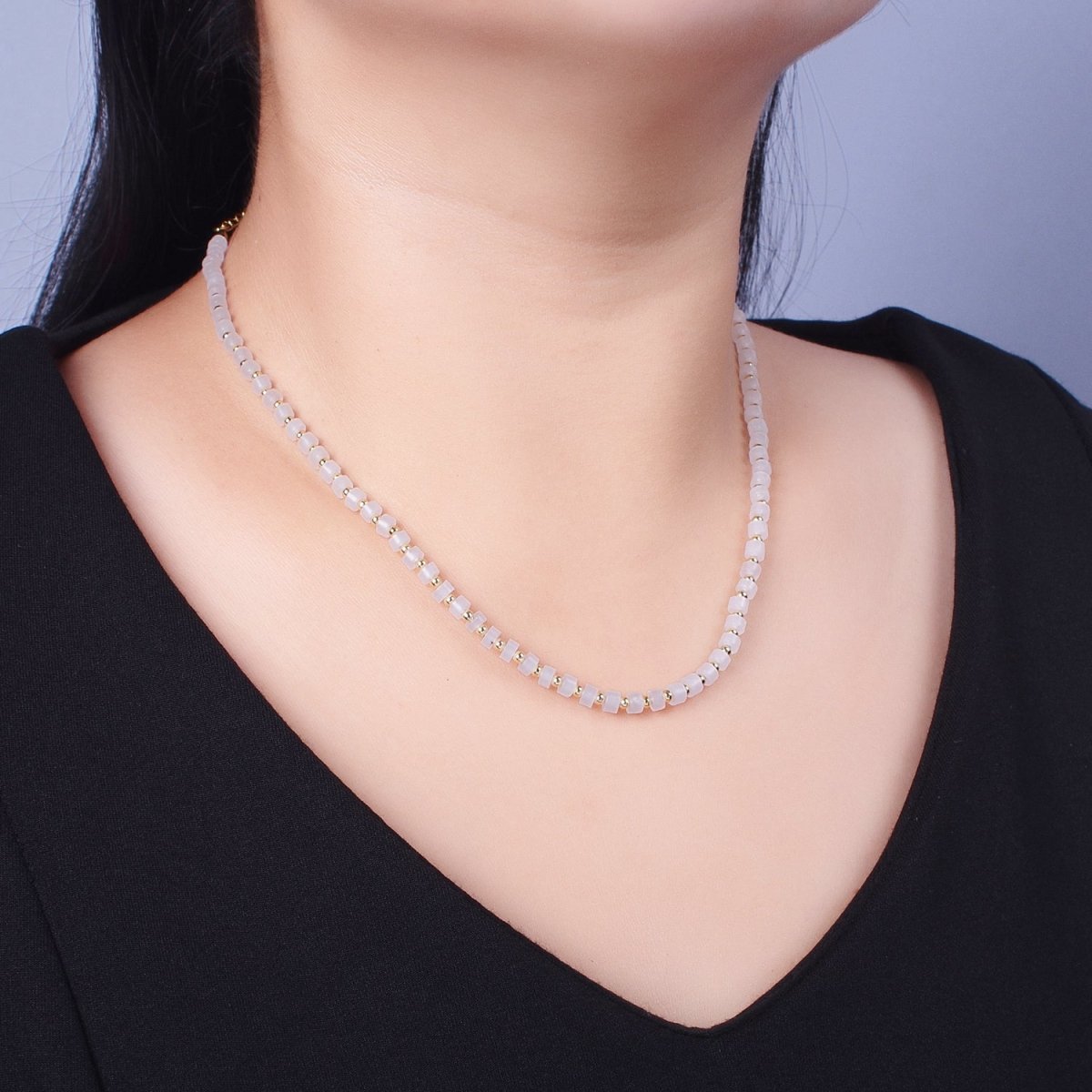 Gold Filled White Jade Rondelle Heishi Gemstone Gold Spacer Beads 15.5 Inch Choker Necklace | WA-1431 Clearance Pricing