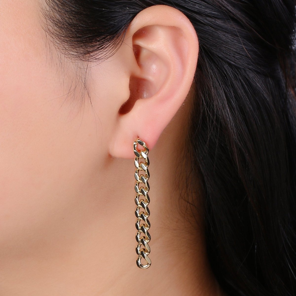 Gold Flat Cuban Chain Link Chain Stud Earring Dangle Pendant P-129 P-130