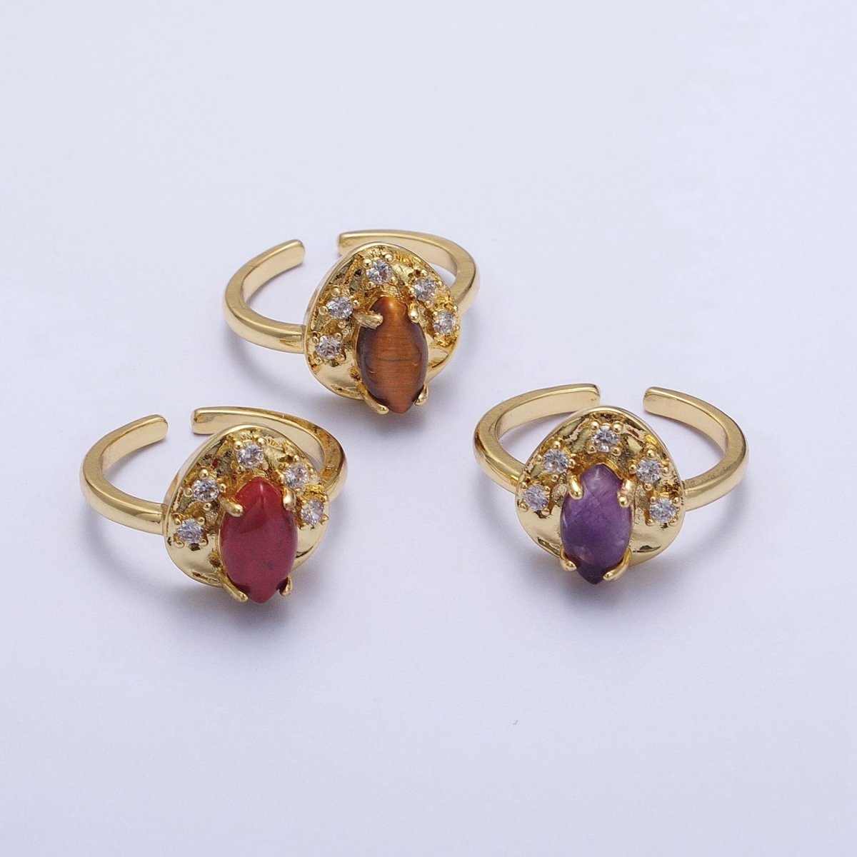 Gold Hammered Cubic Zirconia Marquise Natural Gemstone Adjustable Ring | O-020 O-021 O-022
