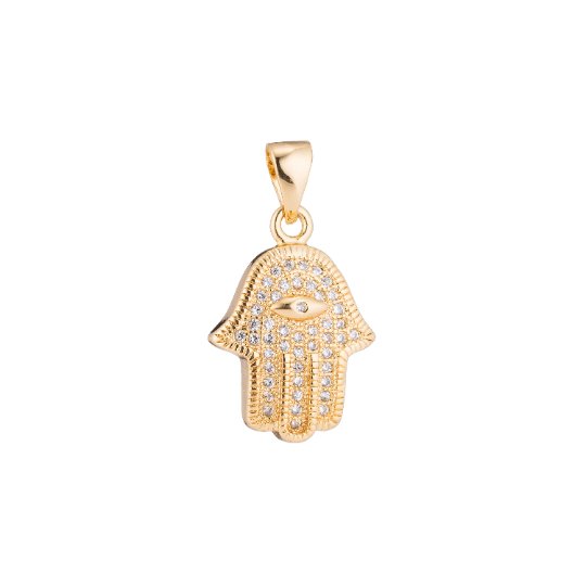 Gold Hamsa Hand, Evil Eye, Protection Amulet Wealth Health Cubic Zirconia Necklace Pendant Charm Bead Bails Findings for Jewelry Making H-196