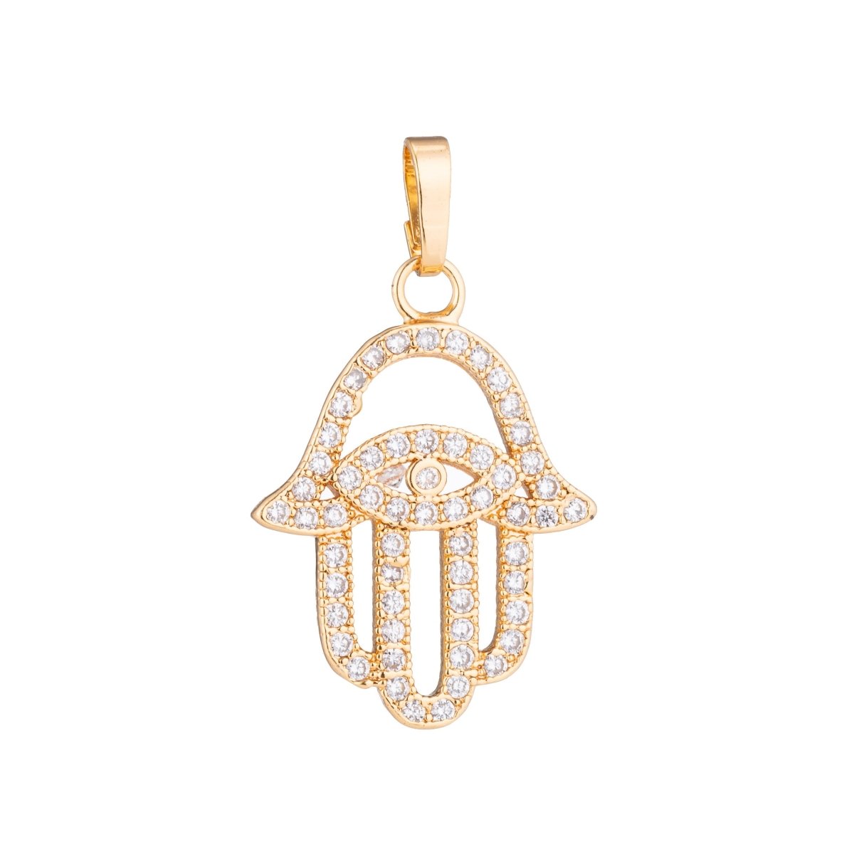 Gold Hamsa Hand, Evil Eye, Spiritual, Religion, Amulet Gift Cubic Zirconia Necklace Pendant Charm Bead Bails Findings for Jewelry Making H-180 N-1430