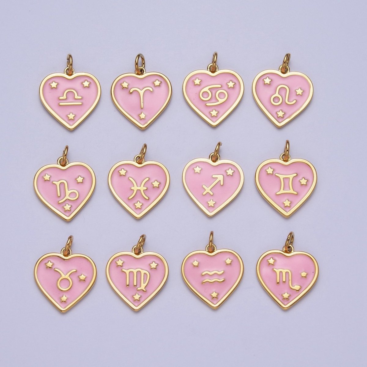 Gold Heart Pink Enamel Zodiac Constellation Charms Astrology Birth Star Sign for Necklace Bracelet Earring Supply | A-A1481-A-A1486