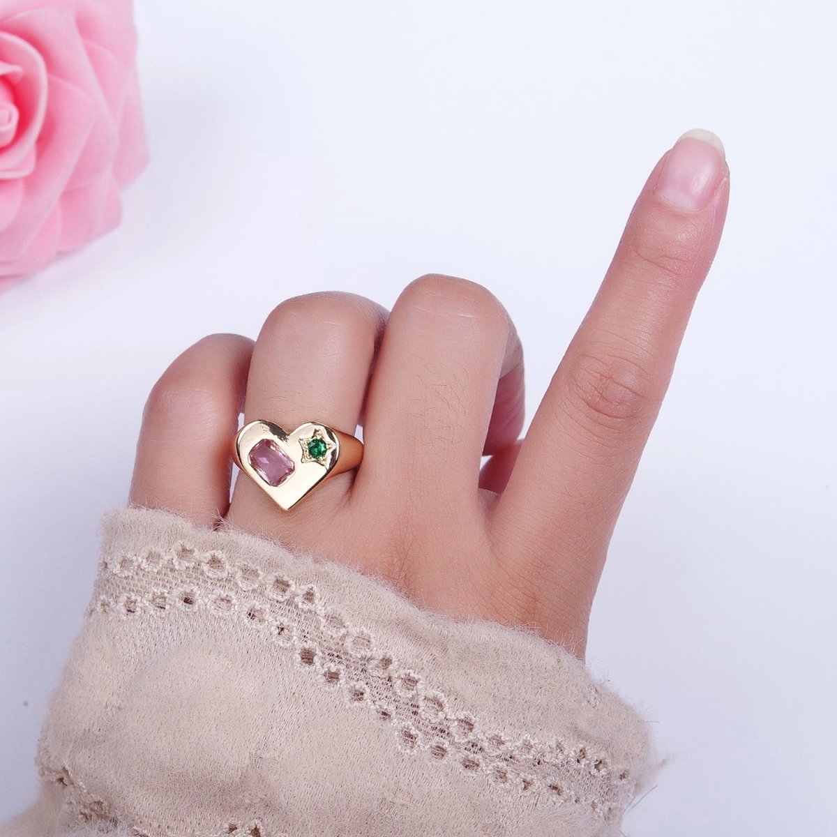 Gold Heart Signet Ring with Pink & Green Cubic Zirconia Baguette Star Stones | U-241