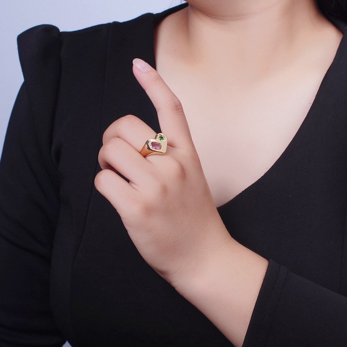 Gold Heart Signet Ring with Pink & Green Cubic Zirconia Baguette Star Stones | U-241