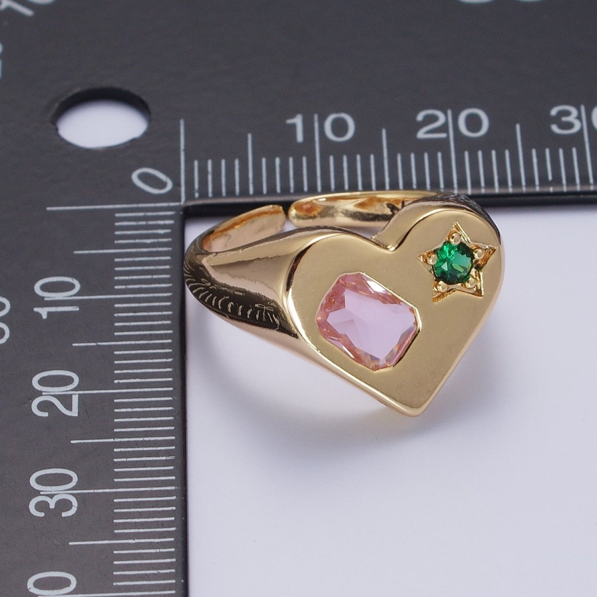 Gold Heart Signet Ring with Pink & Green Cubic Zirconia Baguette Star Stones | U-241