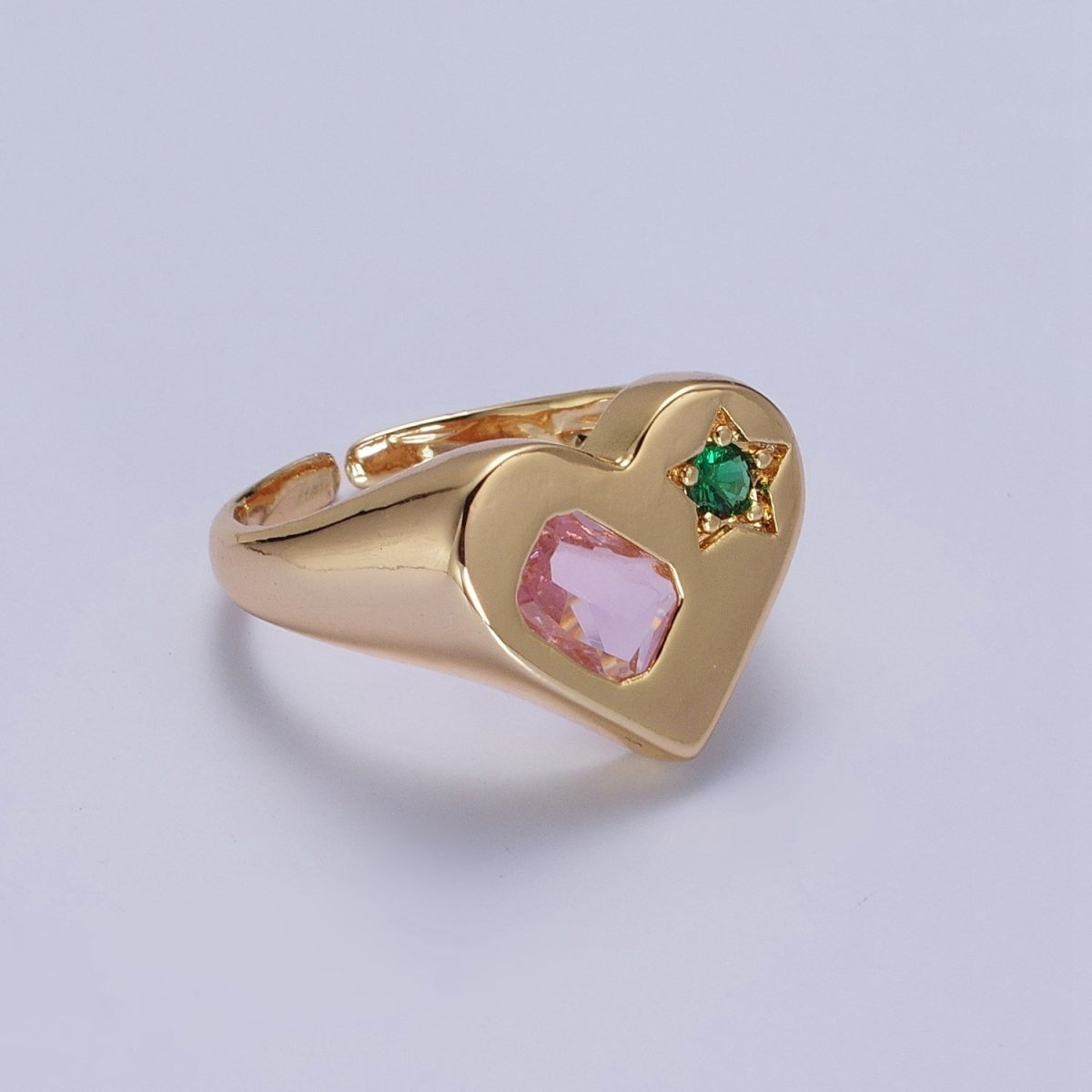 Gold Heart Signet Ring with Pink & Green Cubic Zirconia Baguette Star Stones | U-241