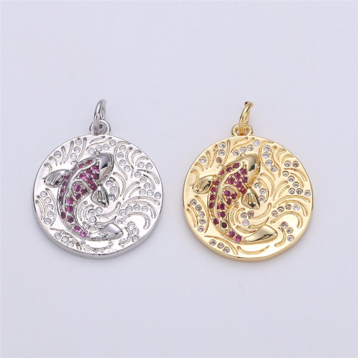 Gold koi fish charm pendant Japanese koi carp disc Coin charm for Necklace Earring Bracelet Component supply Animal Jewelry C-908