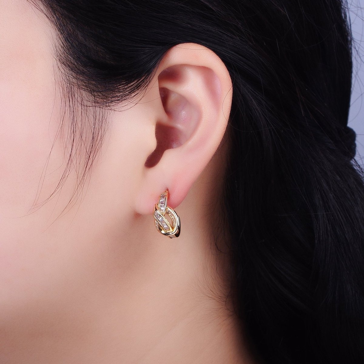 Gold Love knot Stud Earring Clear Cz Micro Pave Stone Hoop Earring AB675