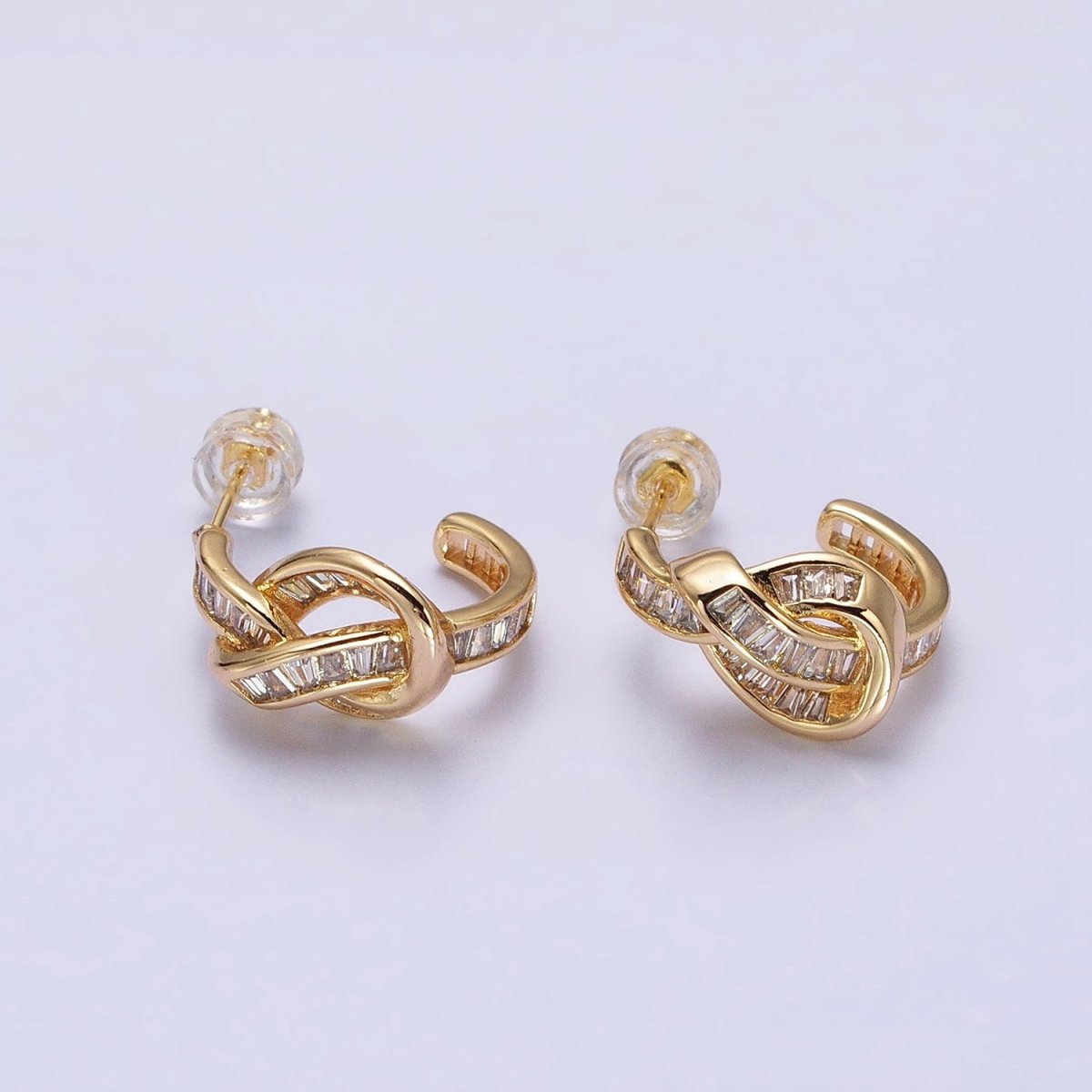 Gold Love knot Stud Earring Clear Cz Micro Pave Stone Hoop Earring AB675