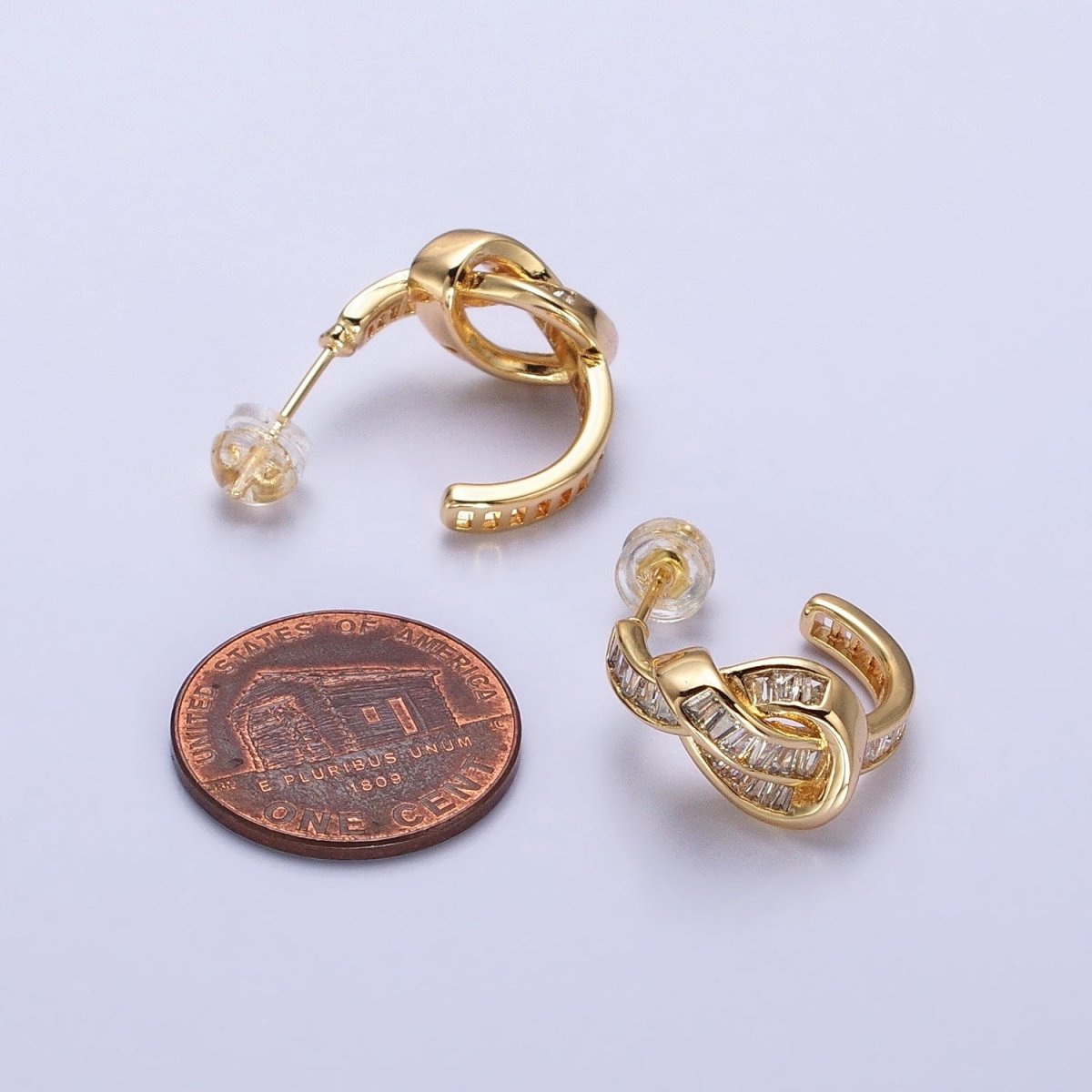 Gold Love knot Stud Earring Clear Cz Micro Pave Stone Hoop Earring AB675