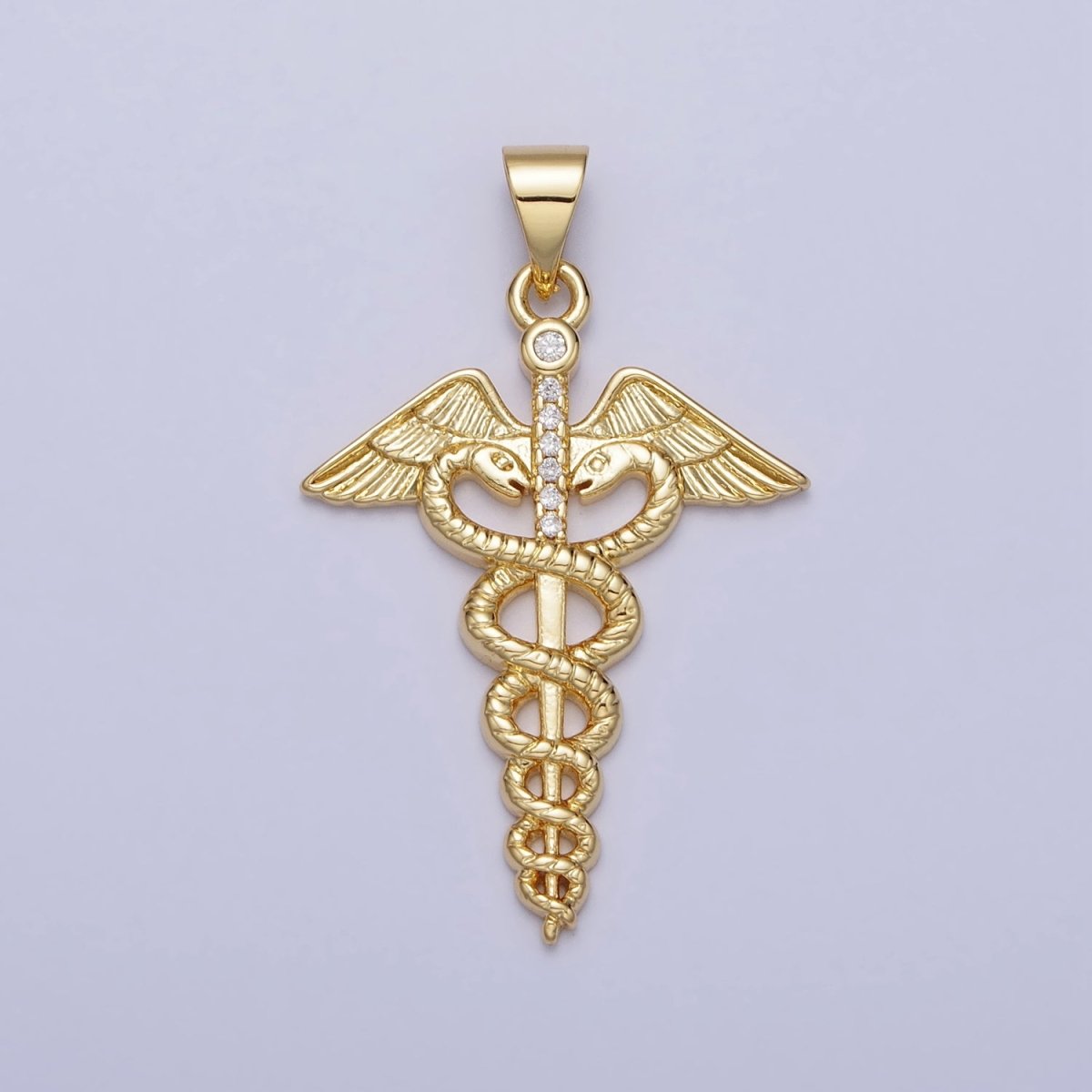 Gold Medicine Caduceus Symbol Roman Mercury Micro Paved CZ Pendant | AA155