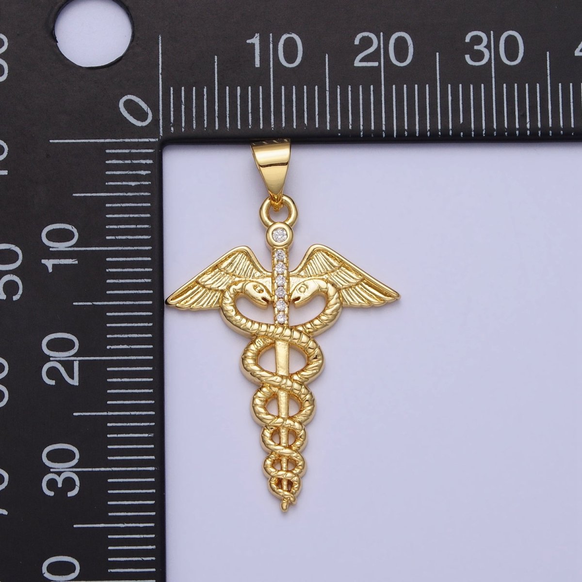 Gold Medicine Caduceus Symbol Roman Mercury Micro Paved CZ Pendant | AA155