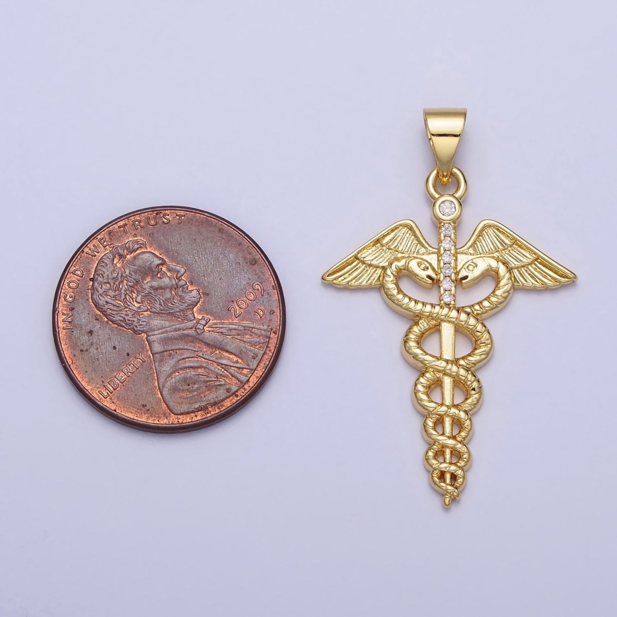 Gold Medicine Caduceus Symbol Roman Mercury Micro Paved CZ Pendant | AA155