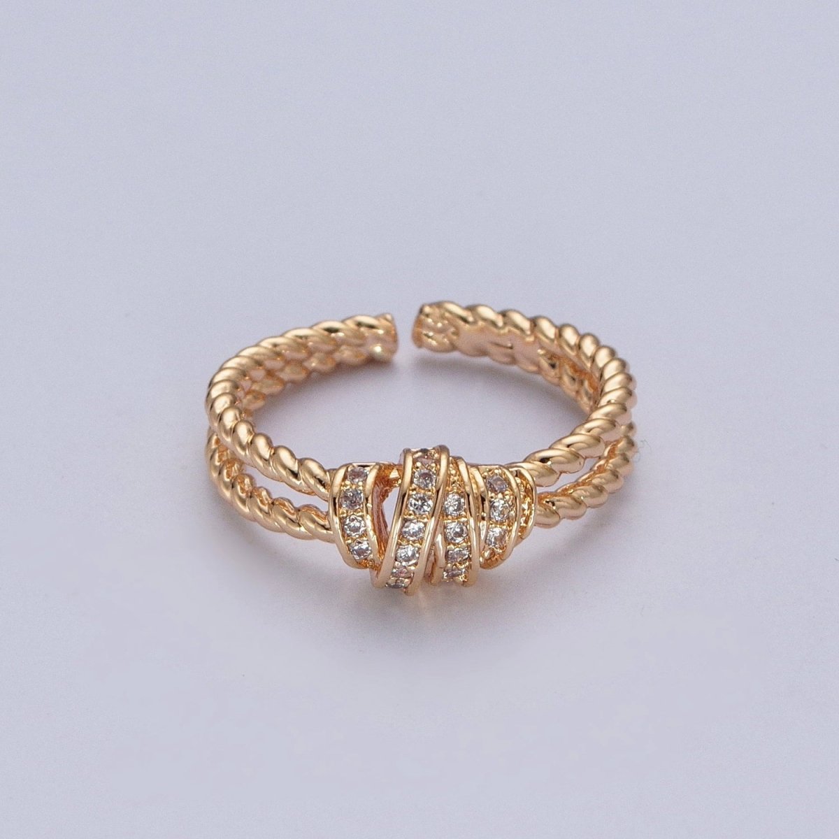Gold Micro Pave Cubic Zirconia CZ Twist Double Band Adjustable Ring O-448