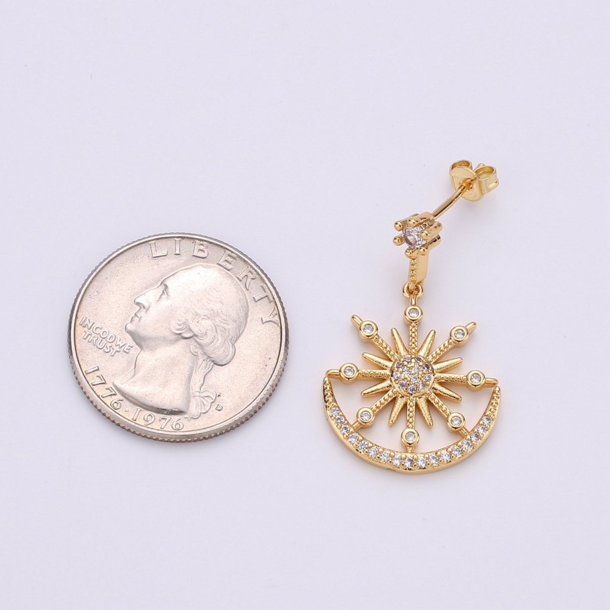 Gold Micro Paved CZ Celestial Sun Moon Stars Cubic Zirconia Dangle Stud Earrings | K-470