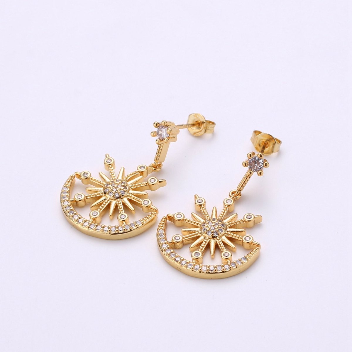 Gold Micro Paved CZ Celestial Sun Moon Stars Cubic Zirconia Dangle Stud Earrings | K-470