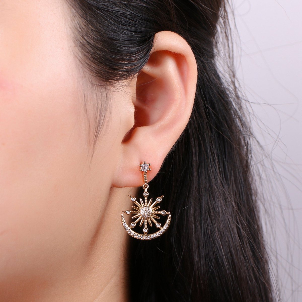 Gold Micro Paved CZ Celestial Sun Moon Stars Cubic Zirconia Dangle Stud Earrings | K-470