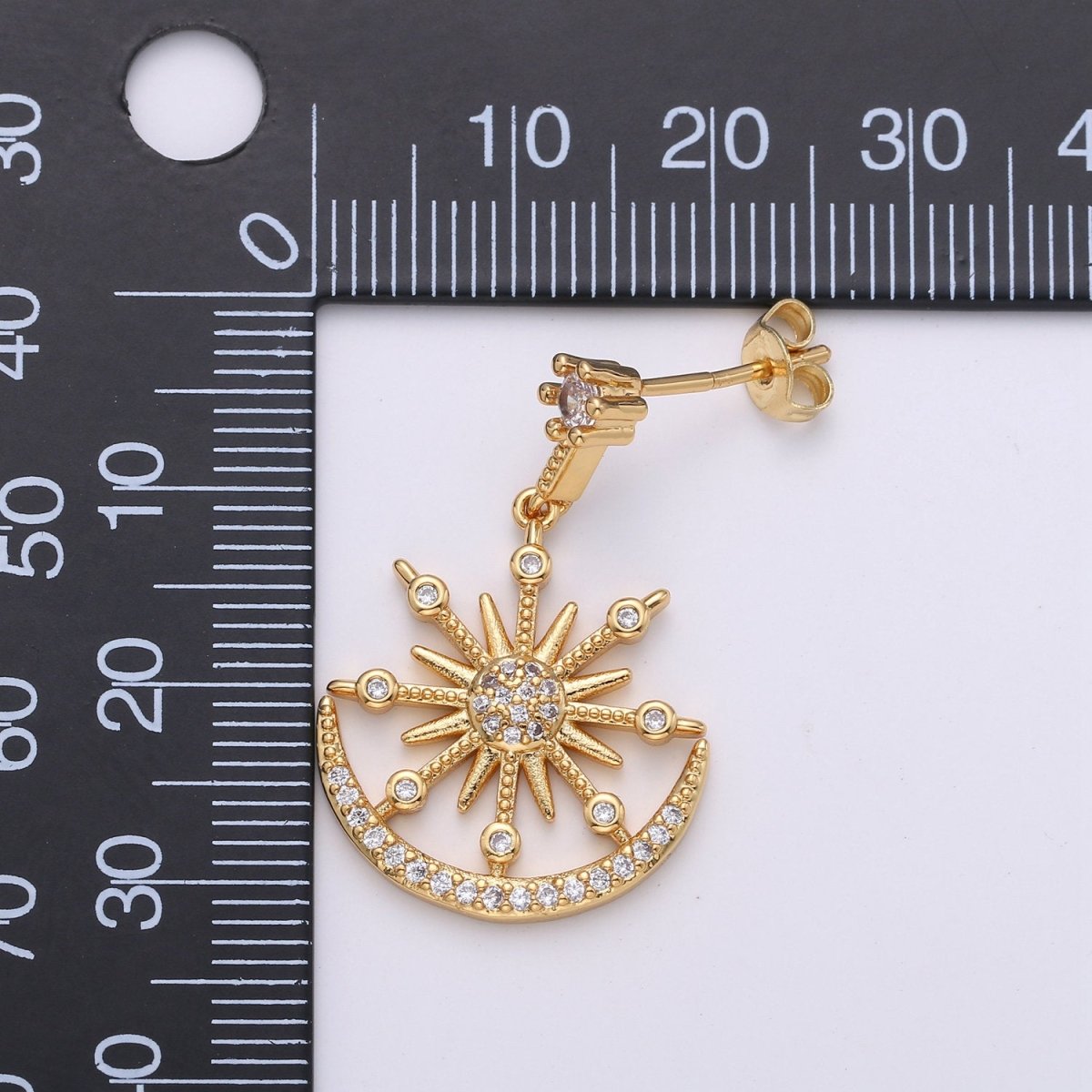 Gold Micro Paved CZ Celestial Sun Moon Stars Cubic Zirconia Dangle Stud Earrings | K-470