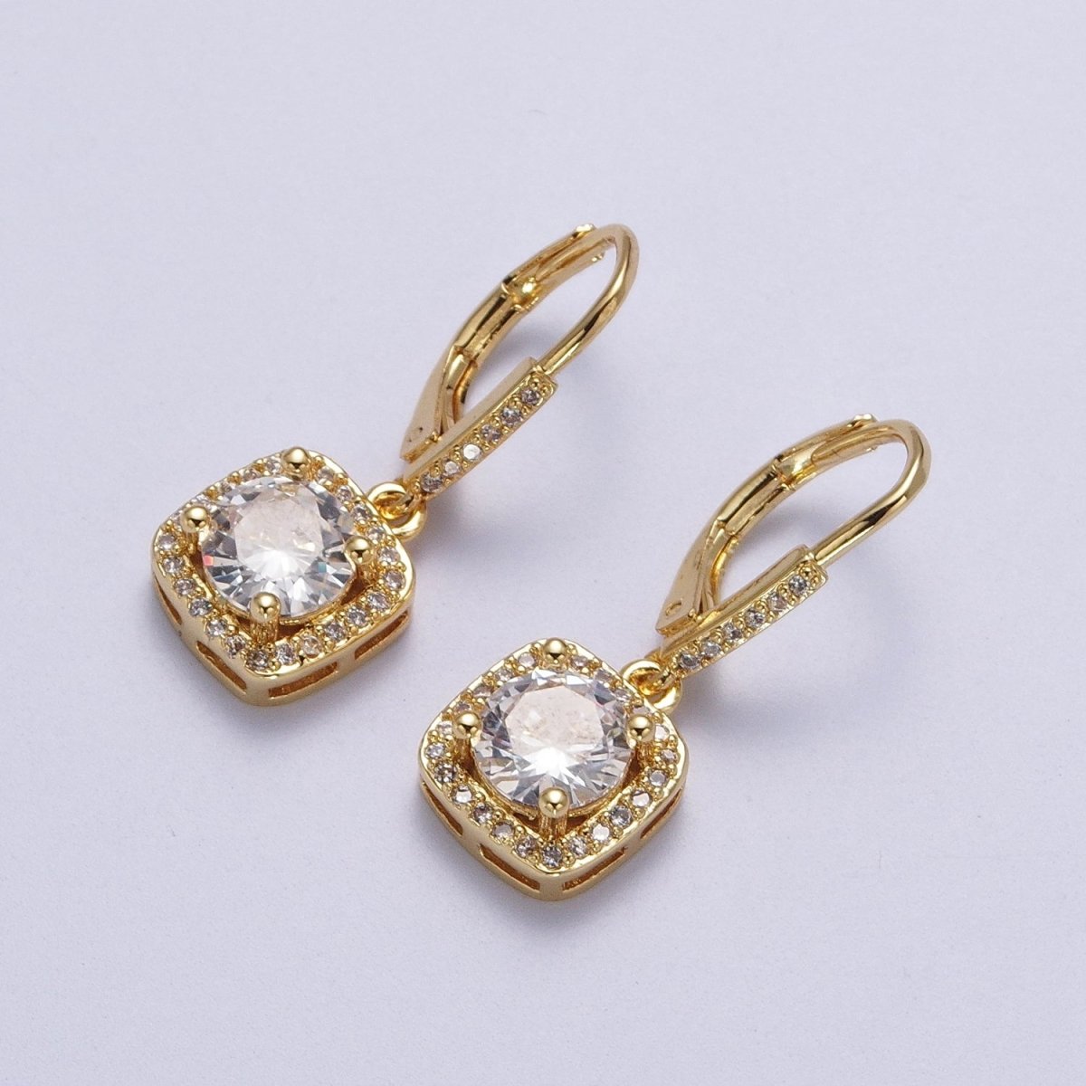 Gold Micro Paved Square Cubic Zirconia Hoop Charm Drop Earrings | AD-074